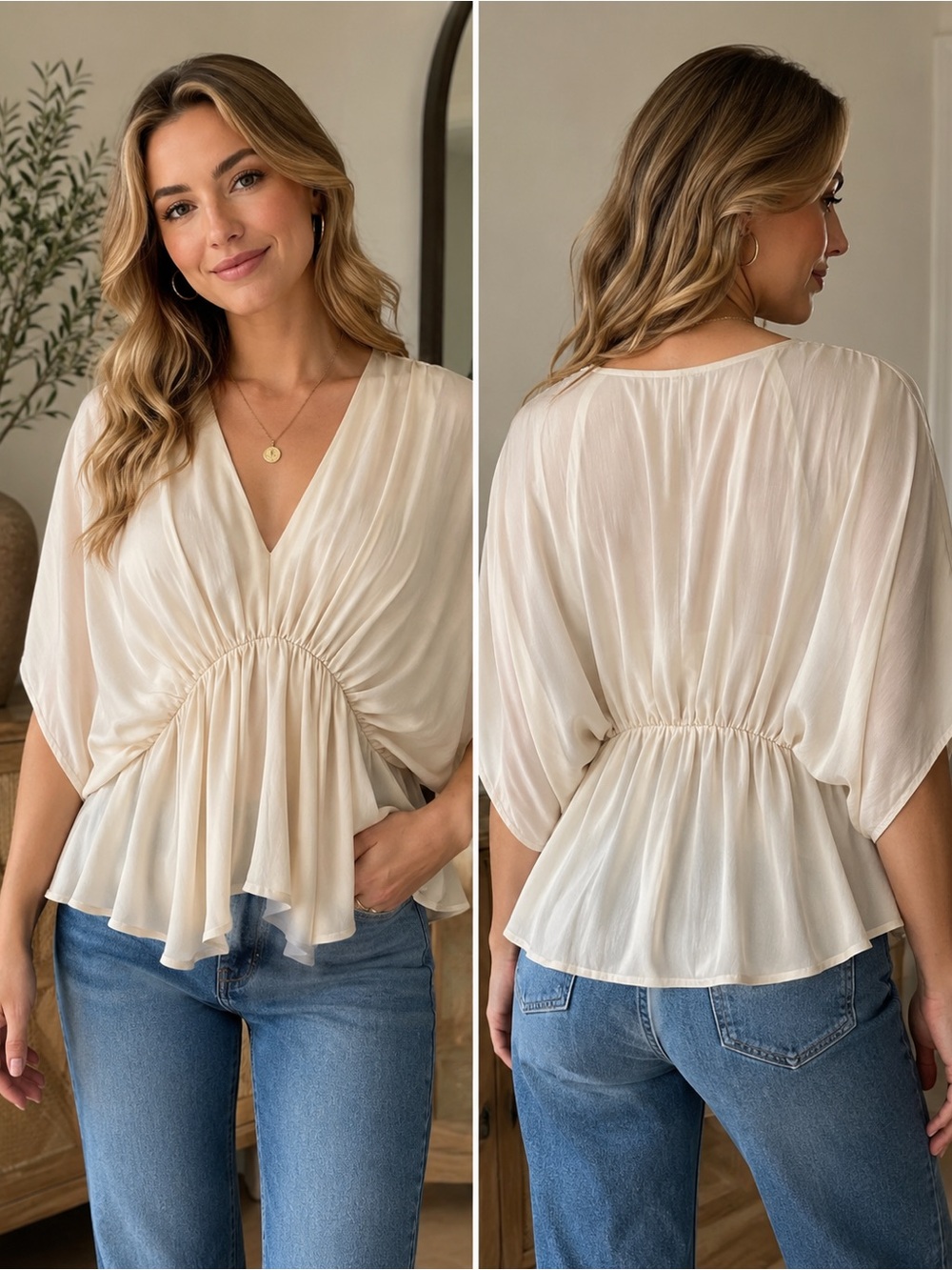 Flowy V-Neck Peplum Blouse in Cream